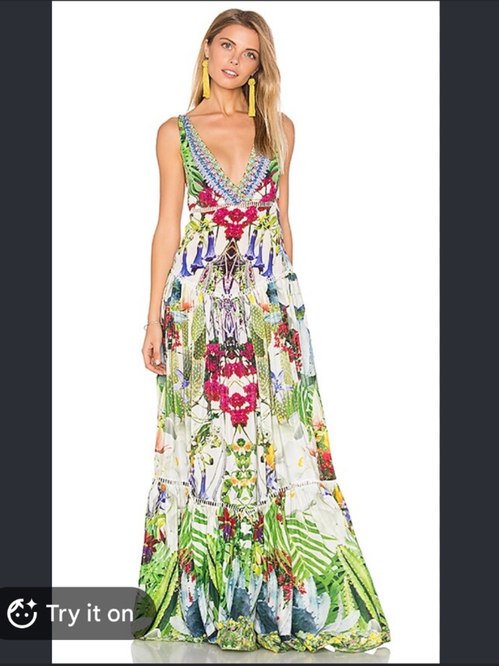Camilla Tiered Gathered Dress in Exotic Hypnotic silk tropical floral crystal - Picture 2 of 15